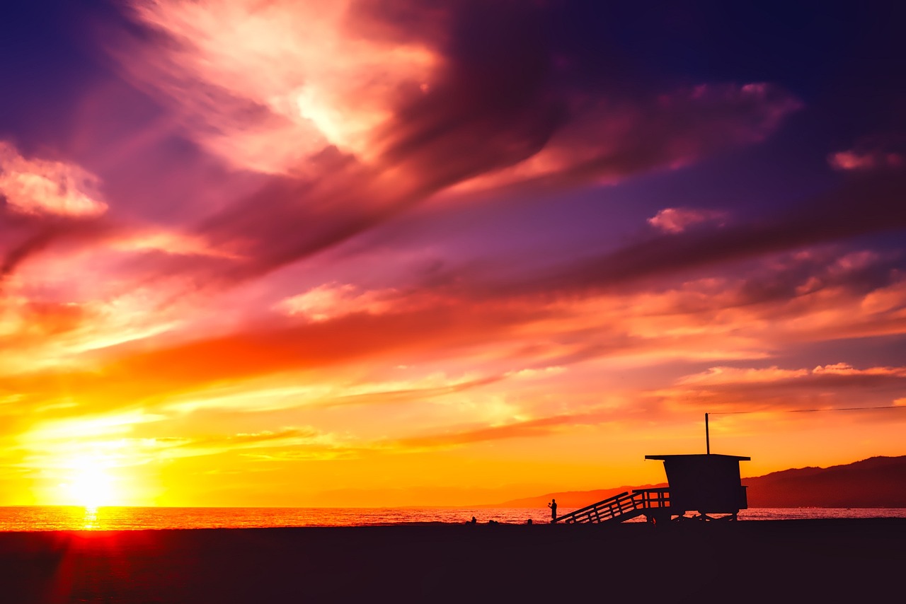 santa monica, california, sea, ocean, sky, clouds, colorful, sunset, dusk, lifeguard shack, building, silhouette, seaside, beach, outside, outdoors, nature, tourism, vacation, holiday, beautiful, hdr