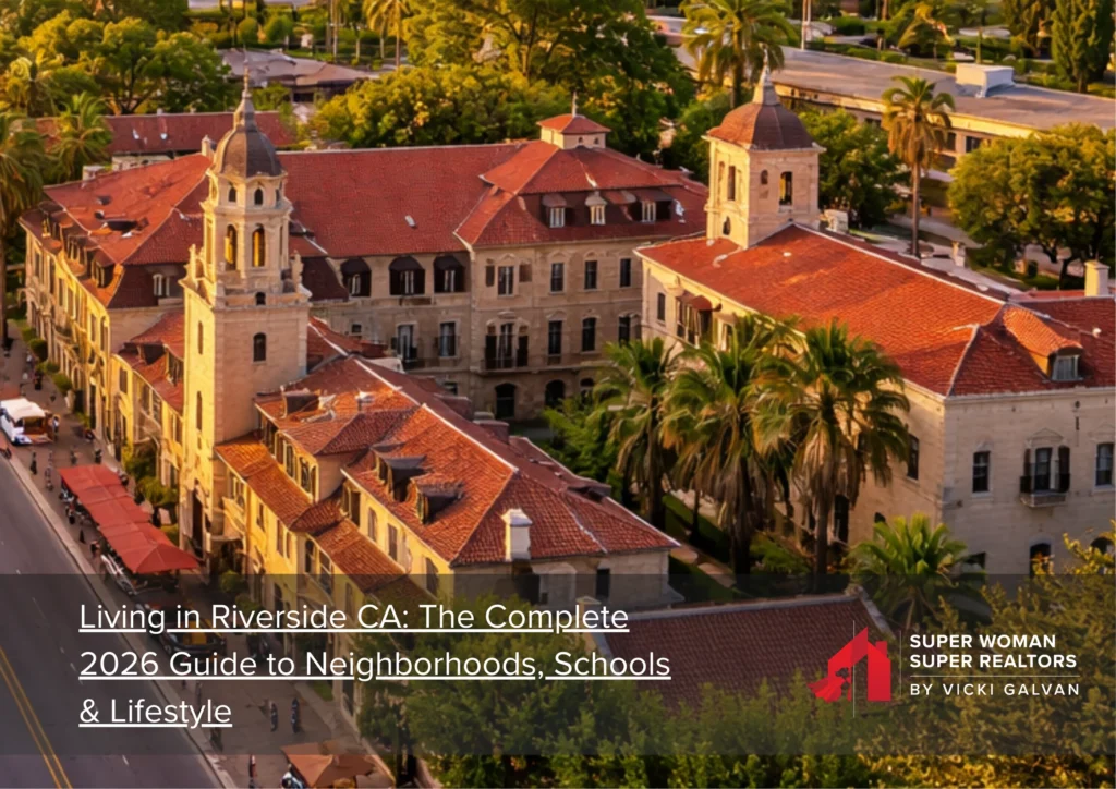 The iconic Mission Inn Hotel & Spa in Downtown Riverside CA with city skyline