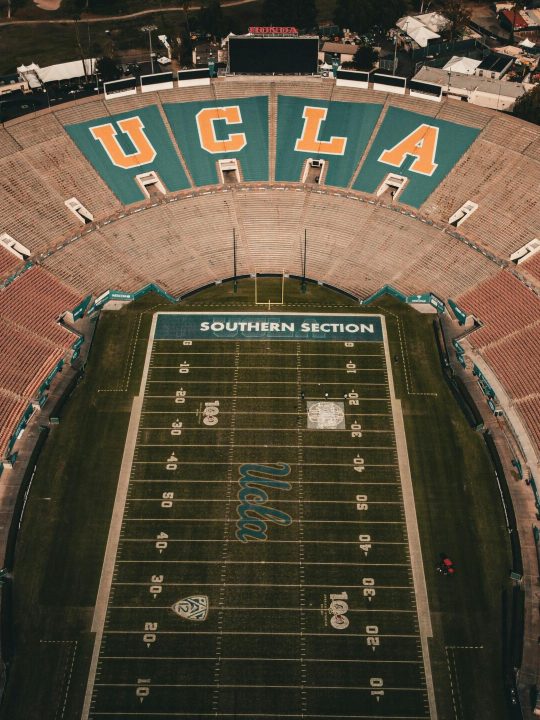 A captivating aerial shot of UCLA's famous Rose Bowl stadium in Los Angeles.